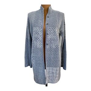 J. Jill Purejill Knit Patchwork Pattern Cardigan Sweater Coat Blue & White Sz XS